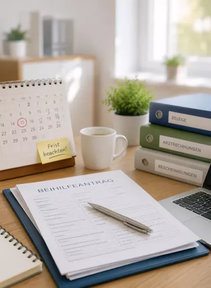 Beihilfeantrag mit Unterlagen, Fristenkalender und Belegen auf einem Schreibtisch