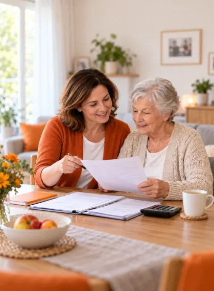 Eine Alltagsbegleiterin unterstützt eine Seniorin bei der Durchsicht von Unterlagen zum Entlastungsbetrag.