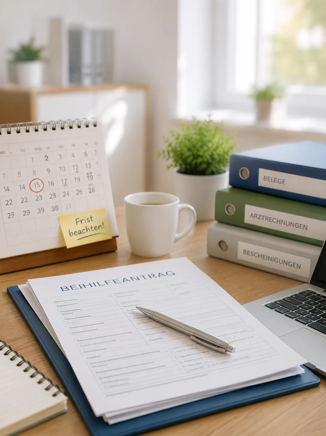 Beihilfeantrag mit Unterlagen, Fristenkalender und Belegen auf einem Schreibtisch